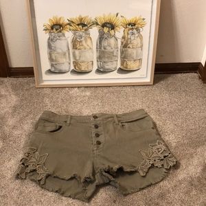 Olive colored shorts-floral embroidered accents